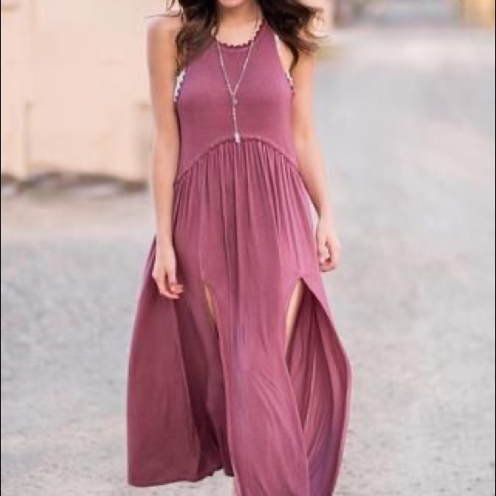 POL- Distressed Maxi Dress with Slits and Lace
